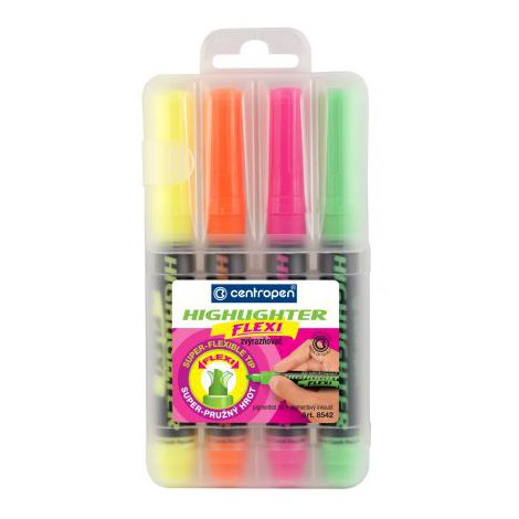 Zakreślacze Centropen Flexi Fluo giętka końcówka, 4 kolory